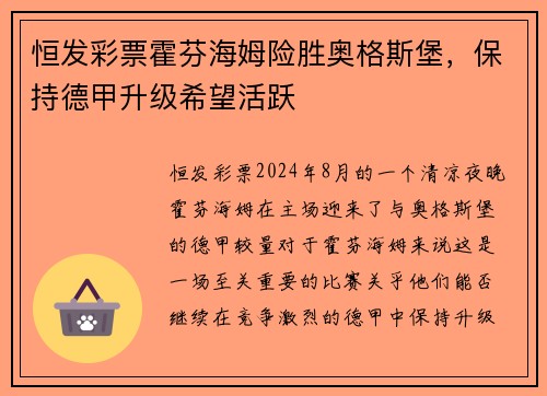 恒发彩票霍芬海姆险胜奥格斯堡，保持德甲升级希望活跃